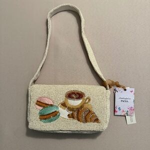 Made in India beaded bag pastries croissant, macaron, cappuccino